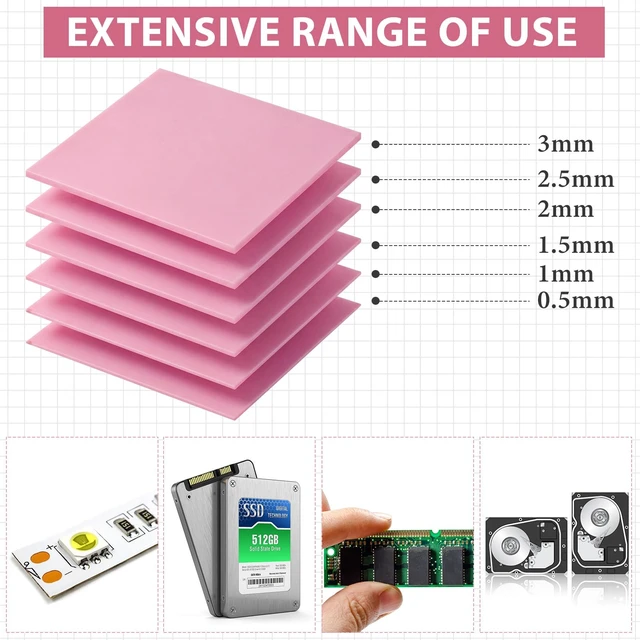 Alt view image 3 of 7 - 6 Pcs Thermal Pads for GPU Laptop CPU, Pink, 100 x 100 mm | 0.5, 1, 1.5, 2, 2.5, 3 mm Heat Resistant Conductive Silicone Thermal Pad Conductivity 6.0 W/M Heatsink LED Cooler Nvme