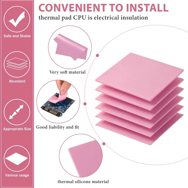 Alt view image 4 of 7 - 6 Pcs Thermal Pads for GPU Laptop CPU, Pink, 100 x 100 mm | 0.5, 1, 1.5, 2, 2.5, 3 mm Heat Resistant Conductive Silicone Thermal Pad Conductivity 6.0 W/M Heatsink LED Cooler Nvme