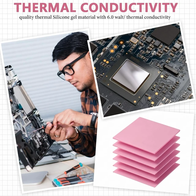 Alt view image 7 of 7 - 6 Pcs Thermal Pads for GPU Laptop CPU, Pink, 100 x 100 mm | 0.5, 1, 1.5, 2, 2.5, 3 mm Heat Resistant Conductive Silicone Thermal Pad Conductivity 6.0 W/M Heatsink LED Cooler Nvme