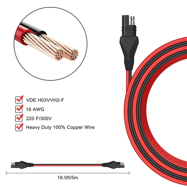 Alt view image 3 of 7 - SAE to SAE Extension Cable, Solar Extension Cord with Protective Dustproof Cap,Perfect for Solar Panel Automotive Marine Motorcycle Cars RV Battery Charger- 16.5FT/16AWG
