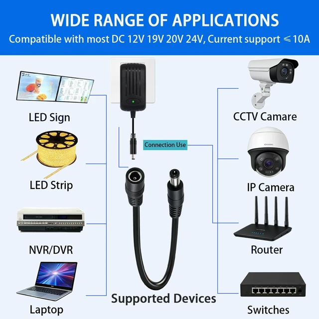 Alt view image 2 of 5 - DC Power Extension Cable, 5.5mm x 2.5mm, 1FT, 3-Pack | DC5525 Male to Female, 12V DC Extension Cable, 18AWG,For CCTV Surveillance Camera
