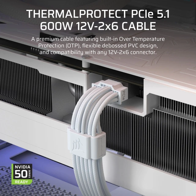 Alt view image 2 of 5 - ThermalProtect PCIe 5.1 600W 12V-2x6 Cable White | Built-in Over Temperature Protection (OTP), Compatible with PSU's with a 12V-2x6 Connection