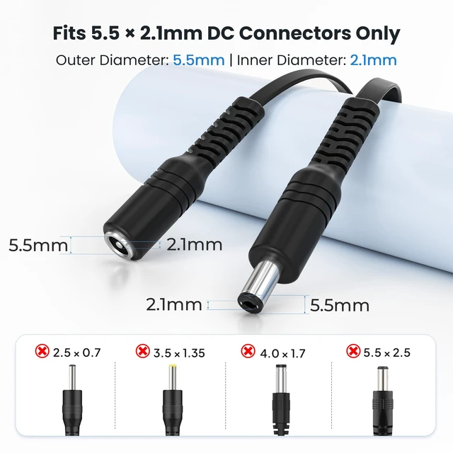 Alt view image 2 of 7 - 12V DC5521 Flat Extension Cable 30FT/2Pack Female to Male Extender | 9M 5.5mmx2.1mm DC Extended Power Supply Barrel Cord for CCTV Security Cam,DVR,NVR,LED Strip,Monitor,TP-Link Tapo,eufyCam E330