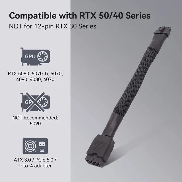 Alt view image 5 of 6 - 12VHPWR 16 Pin (12+4) PCIe 5.0 GPU Power Extension Cable 15cm 16AWG Sleeved Nylon Braided, Male to Female 600W for RTX 50 Series (Except 5090), RTX 4090 4080 4070, PCIe 5.0 ATX 3.0