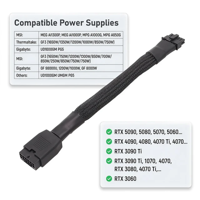 Alt view image 6 of 6 - 12VHPWR 16 Pin (12+4) PCIe 5.0 GPU Power Extension Cable 15cm 16AWG Sleeved Nylon Braided, Male to Female 600W for RTX 50 Series (Except 5090), RTX 4090 4080 4070, PCIe 5.0 ATX 3.0