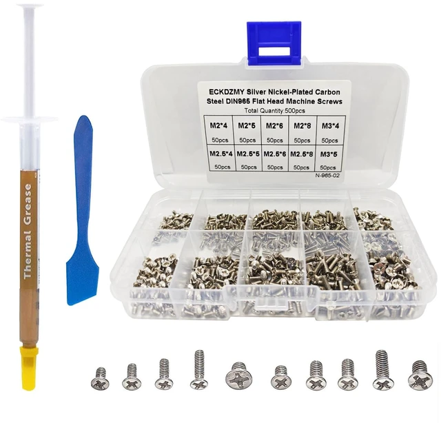 Main image of 500PCS Silver Laptop Repair Screw Kit M2 M2.5 M3 for SSD | Silver Plated Flat Head Machine Screws for Motherboard Graphics Hard Drive Repair includes 1g Thermal Paste Blue Spreader