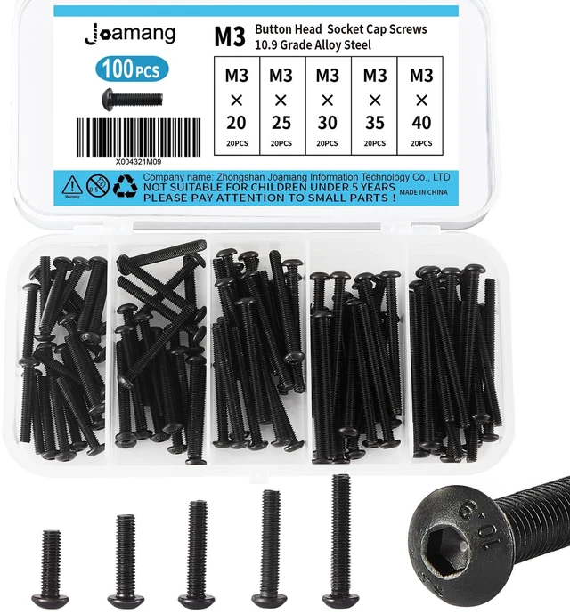 Main image of M3 x 20mm 25mm 30mm 35mm 40mm Button Head Socket Cap Screws Bolts, 10.9 Grade Alloy Steel, Black Oxide Finish, Metric Allen Hex Drive, Fully Threaded, Assortment Kit 100Pcs