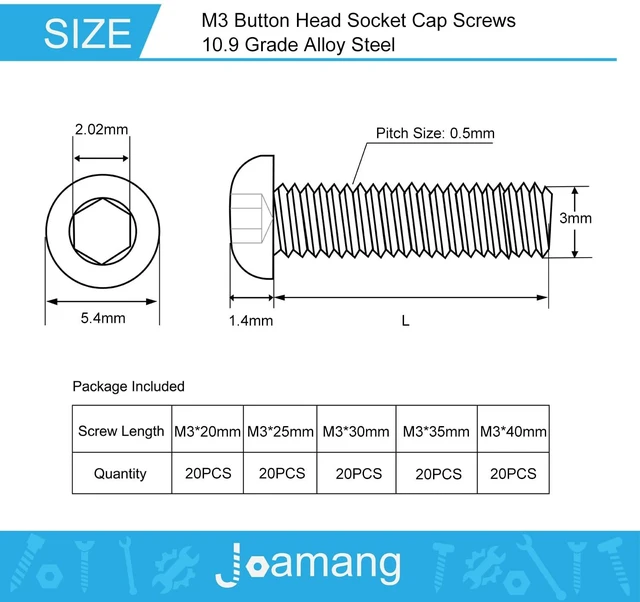 Alt view image 2 of 6 - M3 x 20mm 25mm 30mm 35mm 40mm Button Head Socket Cap Screws Bolts, 10.9 Grade Alloy Steel, Black Oxide Finish, Metric Allen Hex Drive, Fully Threaded, Assortment Kit 100Pcs