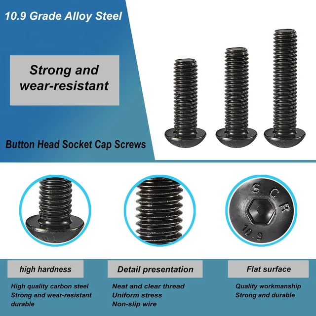Alt view image 5 of 6 - M3 x 20mm 25mm 30mm 35mm 40mm Button Head Socket Cap Screws Bolts, 10.9 Grade Alloy Steel, Black Oxide Finish, Metric Allen Hex Drive, Fully Threaded, Assortment Kit 100Pcs