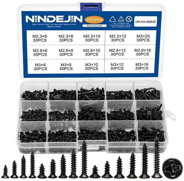 Main image of 450PCS Miniature Phillips Flat Head Tapping Screws, M2.3 M2.6 M3 Countersunk Repair Screws Assortment Set, Black Self-Tapping Electronic Screw for Computer PC Pan Motherboard Glasses Watches