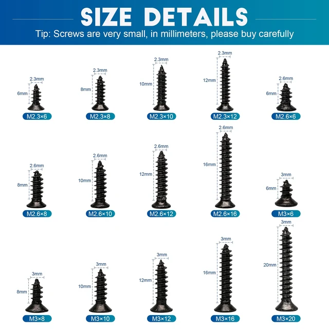 Alt view image 2 of 6 - 450PCS Miniature Phillips Flat Head Tapping Screws, M2.3 M2.6 M3 Countersunk Repair Screws Assortment Set, Black Self-Tapping Electronic Screw for Computer PC Pan Motherboard Glasses Watches