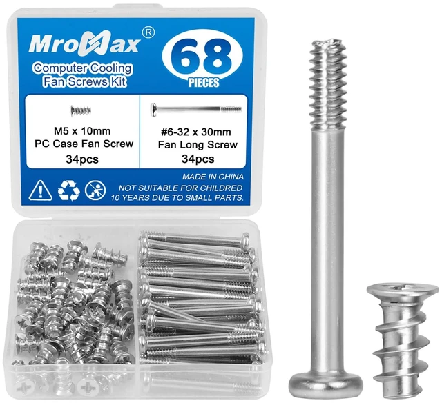 Main image of 34 Sets (68Pcs) Computer Cooling Fan Screws Kit, Silvery Tone | Radiator Fan Screws Kit (#6-32 x 30mm Fan Screw + M5 x 10mm PC Case Fan Screws) for 60 - 360mm Computer Fans