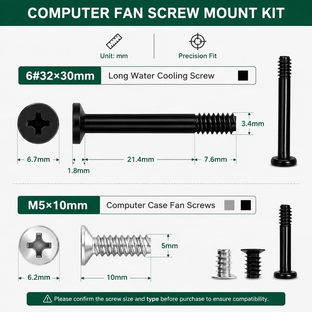 Alt view image 2 of 6 - 200PCS PC Fan Screw Kit, 6-32 x 30mm & M5 x 10mm Fan Screws | For 120mm and 140mm cooling fans, Includes radiator and case fan screws