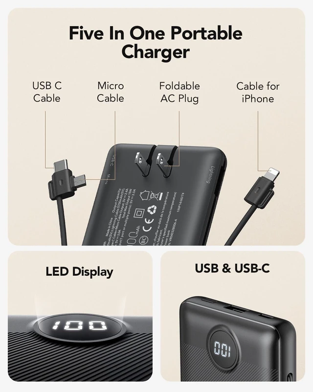 Alt view image 2 of 6 - Portable Charger, Power Bank Built-in Cables and AC Wall Plug | USB C Portable Bank 10000mAh,Travel Essentials Phone Charger Compact External Battery Pack for Smart Phones,Tablets-Black