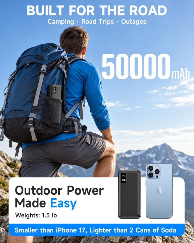 Alt view image 2 of 7 - 50000mAh Power Bank, Portable Charger 22.5W USB-C Battery Pack | PD Fast Charging, 3-Output, Travel Essential External Battery for iPhone 18/17/16/15 Samsung Galaxy Android iPad