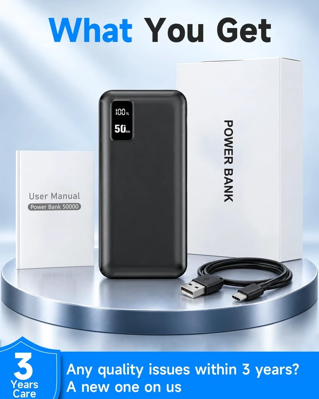 Alt view image 7 of 7 - 50000mAh Power Bank, Portable Charger 22.5W USB-C Battery Pack | PD Fast Charging, 3-Output, Travel Essential External Battery for iPhone 18/17/16/15 Samsung Galaxy Android iPad