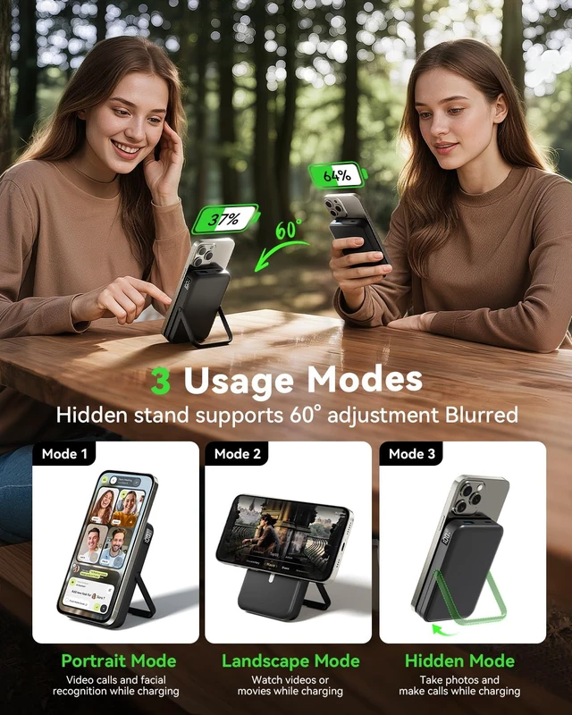 Alt view image 3 of 7 - Portable Charger for Magsafe 10000mAh Power Bank with Foldable Stand | Battery Pack,Fast Charge PD 22.5W Travel Essential,Magnetic Charge Wireless Charger for iPhone 17/16/15 SeriesBlack