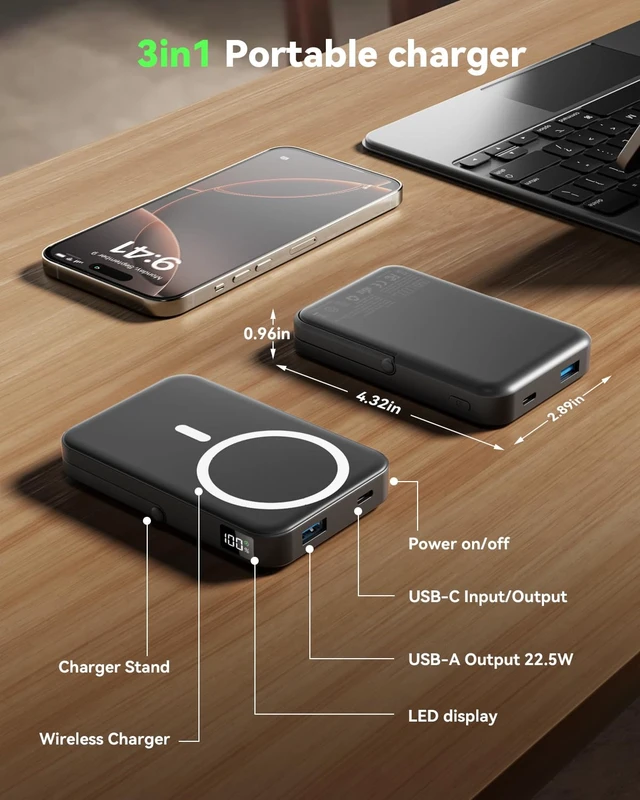Alt view image 5 of 7 - Portable Charger for Magsafe 10000mAh Power Bank with Foldable Stand | Battery Pack,Fast Charge PD 22.5W Travel Essential,Magnetic Charge Wireless Charger for iPhone 17/16/15 SeriesBlack