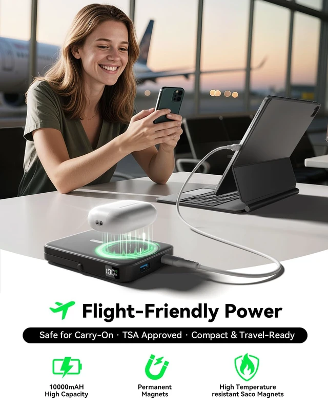 Alt view image 4 of 7 - Portable Charger for Magsafe 10000mAh Power Bank with Foldable Stand | Battery Pack,Fast Charge PD 22.5W Travel Essential,Magnetic Charge Wireless Charger for iPhone 17/16/15 SeriesBlack