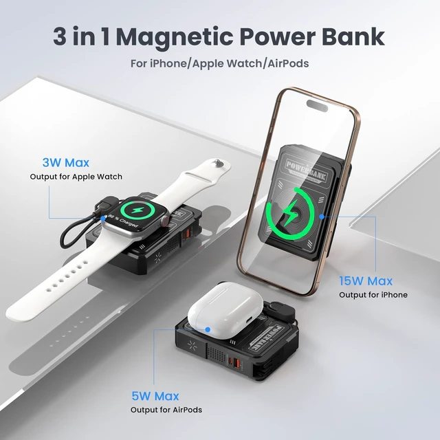 Alt view image 2 of 7 - 10000mAh for Magsafe Portable Charger Power Bank Built in Cables&Wall Plug Travel Essentials, Wireless Magnetic Battery Pack,22.5W Fast Charging, for iPhone 18/17/16/15/14/13/12, Apple Watch & AirPods