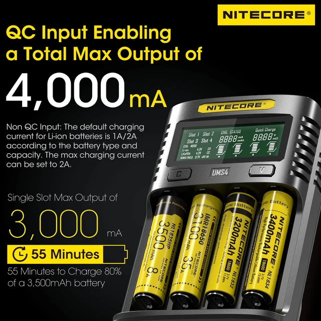 Alt view image 2 of 7 - UMS4 Intelligent QC 4-Slot Quick Battery Charger for Li-Ion/IMR/LiFePO4/Ni-MH/Ni-Cd 14500 16340 18350 18650 20700 21700 AA AAA with NITECORE Tag