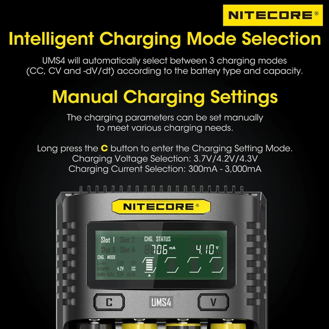 Alt view image 5 of 7 - UMS4 Intelligent QC 4-Slot Quick Battery Charger for Li-Ion/IMR/LiFePO4/Ni-MH/Ni-Cd 14500 16340 18350 18650 20700 21700 AA AAA with NITECORE Tag