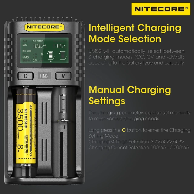 Alt view image 5 of 6 - UMS2 Intelligent QC Dual-Slot Quick Battery Charger for Li-Ion/IMR/LiFePO4/Ni-MH/Ni-Cd 14500 16340 18350 18650 20700 21700 AA AAA with NITECORE Tag