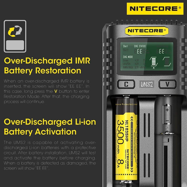 Alt view image 6 of 6 - UMS2 Intelligent QC Dual-Slot Quick Battery Charger for Li-Ion/IMR/LiFePO4/Ni-MH/Ni-Cd 14500 16340 18350 18650 20700 21700 AA AAA with NITECORE Tag
