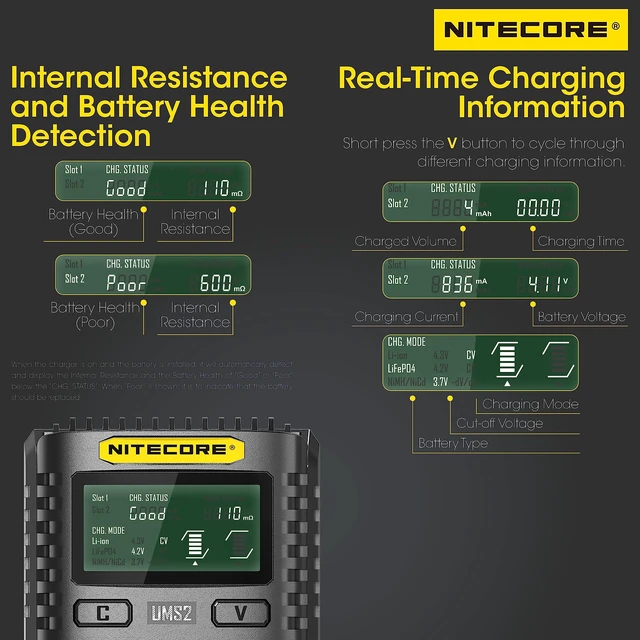 Alt view image 4 of 6 - UMS2 Intelligent QC Dual-Slot Quick Battery Charger for Li-Ion/IMR/LiFePO4/Ni-MH/Ni-Cd 14500 16340 18350 18650 20700 21700 AA AAA with NITECORE Tag