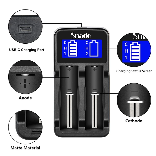Alt view image 3 of 6 - 18650 Battery Charger, Universal Smart Charger for Li-ion NiMH AA AAA | Lithium Rechargeable Battery Charging, LCD Display, USB-C, 2 Bay, 3.7 Volt 18490 18500 18350 17670, 17500 16340 14500 RCR123
