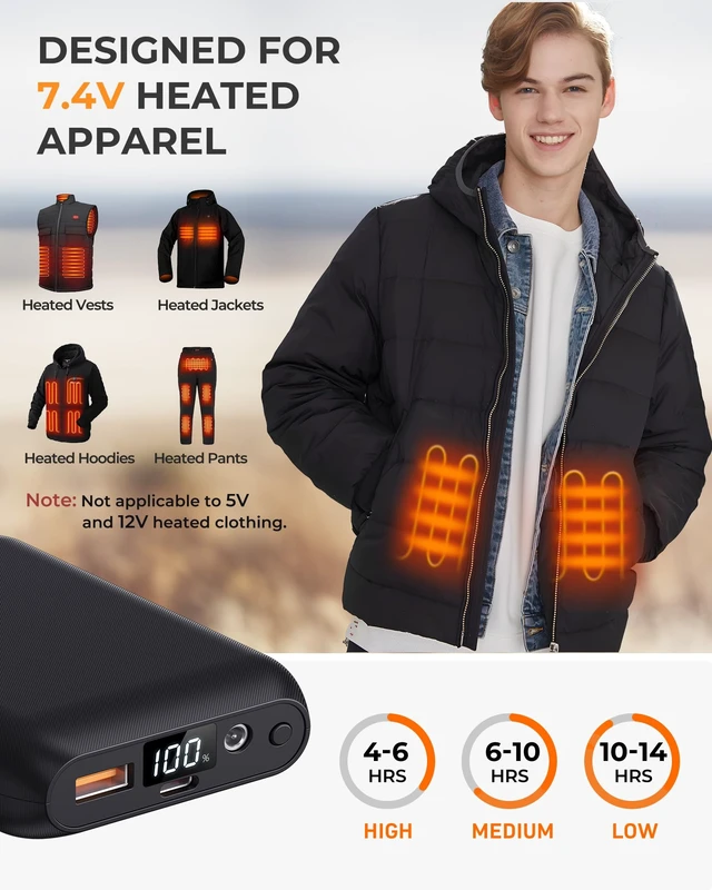 Alt view image 2 of 6 - 16000mAh 7.4V 5V Heated Vest Battery Pack, Battery Pack for Heated Vest Compatible with ORORO, for TODWARM, for Weamest, Rechargeable Power Bank with LED for Arris, for OCQOCQ, for Wulcea