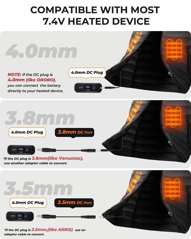 Alt view image 4 of 6 - 16000mAh 7.4V 5V Heated Vest Battery Pack, Battery Pack for Heated Vest Compatible with ORORO, for TODWARM, for Weamest, Rechargeable Power Bank with LED for Arris, for OCQOCQ, for Wulcea