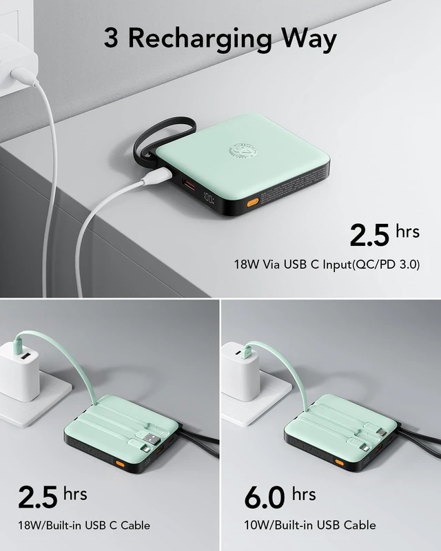 Alt view image 6 of 7 - Portable Charger with Built-in Cable, 10000mAh 22.5W Fast Charging USB C Battery Pack, Cell Phone Power Bank for iPhone 17 16 15 Series Android Tablet (Green)