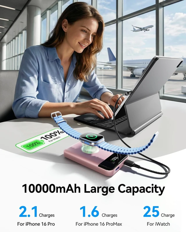 Alt view image 5 of 7 - for Magsafe Portable Charger, 10000mAh USB-C 22.5W Power Bank, Pastel Pink Travel Essentials, Wireless Magnetic Battery Pack, Fast Charging, Compatible with iPhone 17/16/15/14, Apple Watch Ultra/11/10