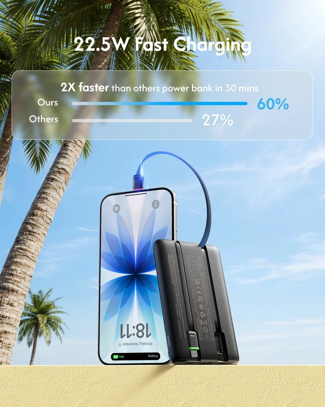 Alt view image 3 of 7 - 10000mAh 22.5W Fast Charging Portable Charger with Built-in Cables | 0.4lb Slim USB C Power Bank, Small Battery Pack for iPhone 17/16/15/14/13 iPad Samsung, Flight Safe, Travel Essential, Black