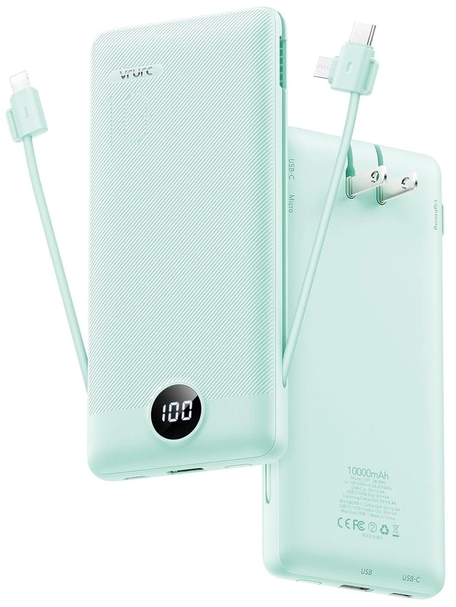 Main image of Portable Charger Built-in Cables and AC Wall Plug, USB C Power Bank 10000mAh, Travel Battery Portable Phone Charger Compact Lightweight External Battery Pack for Smart Phones, Tablets etc-Green