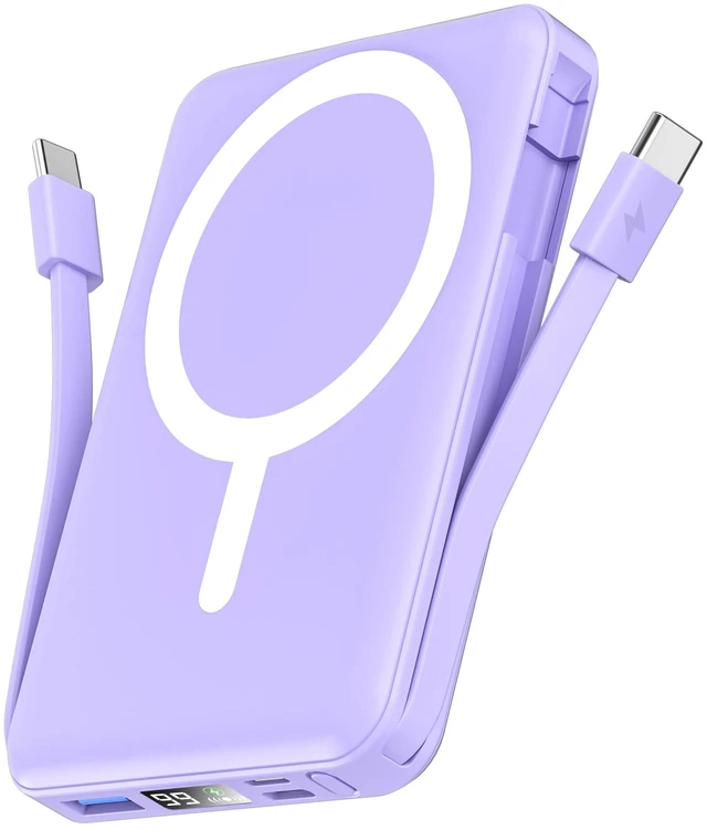 Main image of for Magsafe Power Bank, 10000mAh Magnetic Portable Charger | Built-in Double USB-C Cables, 20W PD Fast Charging Wireless Battery pack for iPhone 17/16/15/14/13/12 Series-Purple