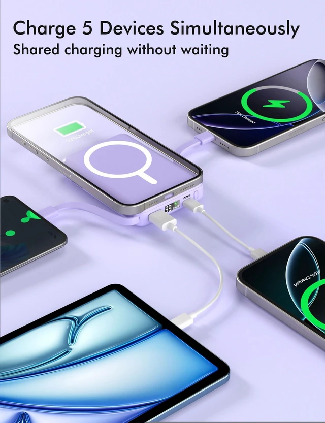 Alt view image 2 of 7 - for Magsafe Power Bank, 10000mAh Magnetic Portable Charger | Built-in Double USB-C Cables, 20W PD Fast Charging Wireless Battery pack for iPhone 17/16/15/14/13/12 Series-Purple