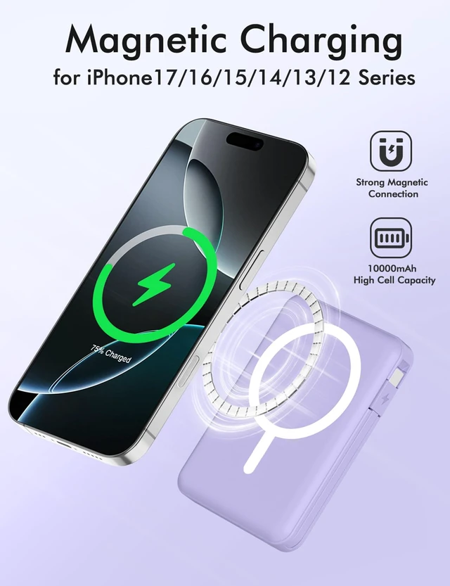 Alt view image 5 of 7 - for Magsafe Power Bank, 10000mAh Magnetic Portable Charger | Built-in Double USB-C Cables, 20W PD Fast Charging Wireless Battery pack for iPhone 17/16/15/14/13/12 Series-Purple