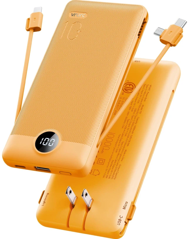 Main image of Portable Charger, Power Bank Built-in Cables and AC Wall Plug | USB C Power Bank 10000mAh Travel Essentials Phone Charger Compact External Battery Pack For Smart Phones, Tablets etc-Orange