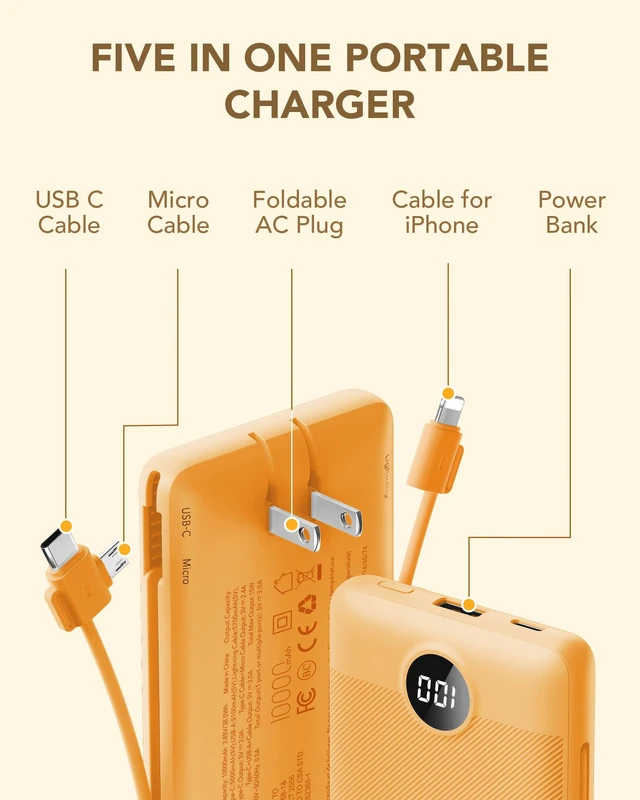 Alt view image 3 of 7 - Portable Charger, Power Bank Built-in Cables and AC Wall Plug | USB C Power Bank 10000mAh Travel Essentials Phone Charger Compact External Battery Pack For Smart Phones, Tablets etc-Orange