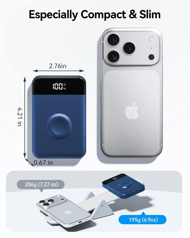 Alt view image 3 of 7 - for Magsafe Portable Charger, 10000mAh USB-C 22.5W Power Bank, Navy | Travel Essentials, Wireless Magnetic Battery Pack, Fast Charging, Compatible with iPhone 17/16/15/14, Apple Watch Ultra/11/10