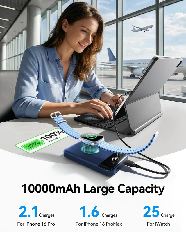 Alt view image 5 of 7 - for Magsafe Portable Charger, 10000mAh USB-C 22.5W Power Bank, Navy | Travel Essentials, Wireless Magnetic Battery Pack, Fast Charging, Compatible with iPhone 17/16/15/14, Apple Watch Ultra/11/10