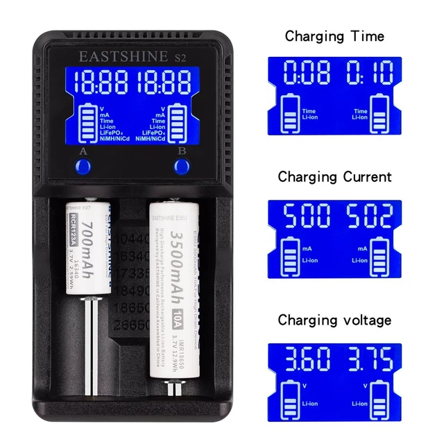 Alt view image 5 of 7 - Universal Battery Charger S2 LCD Display Speedy Smart Charger for Rechargeable Batteries Ni-MH Ni-Cd AA AAA Li-ion LiFePO4 IMR 10440 14500 16340 18650 RCR123 26650 18500 21700 & Car Adapter