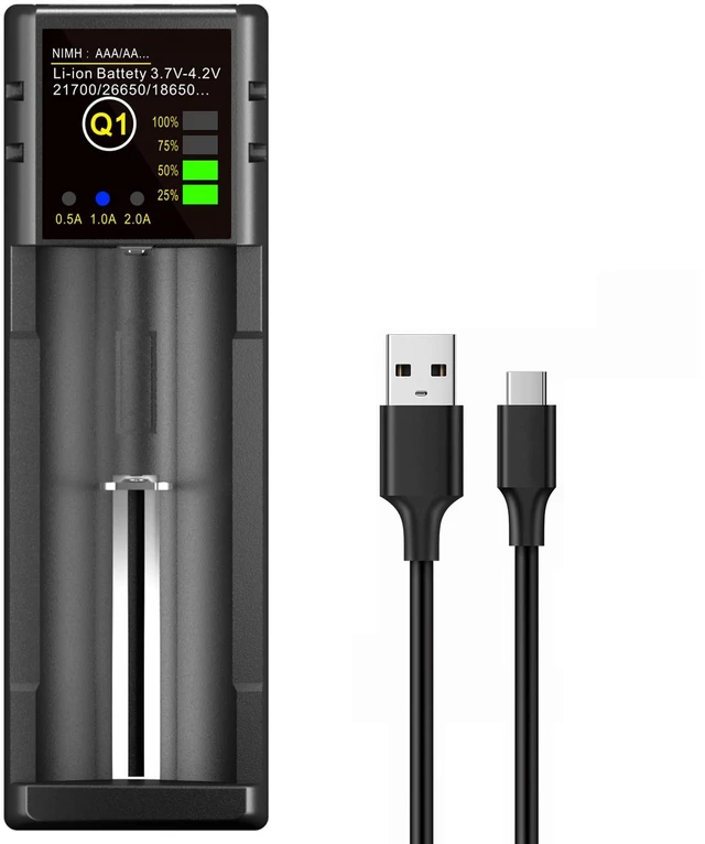 Main image of 18650 Battery Charger, 1 Bay Battery Charger with Smart LCD Display Fast Charge for Rechargeable Batteries Li-ion NI-MH NI-Cd AA AAA C 21700 26650 13650 16340 18350 18700 RCR123