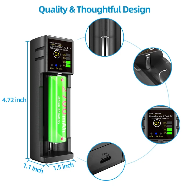 Alt view image 6 of 7 - 18650 Battery Charger, 1 Bay Battery Charger with Smart LCD Display Fast Charge for Rechargeable Batteries Li-ion NI-MH NI-Cd AA AAA C 21700 26650 13650 16340 18350 18700 RCR123