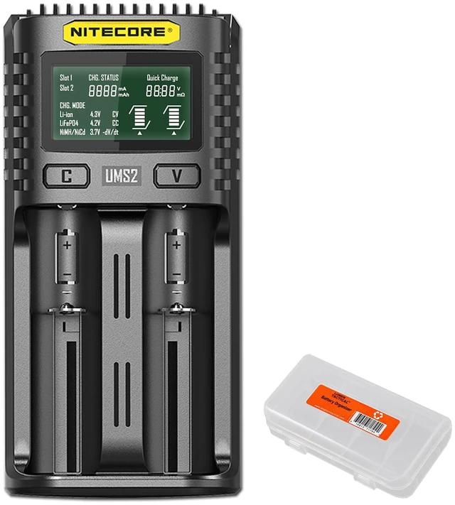 Main image of UMS2 Intelligent Dual-Slot Quick USB-C Battery Charger for Li-Ion/Ni-MH/Ni-Cd/IMR 16340 14500 18650 21700 20700 AA AAA and More Batteries, with Organizer