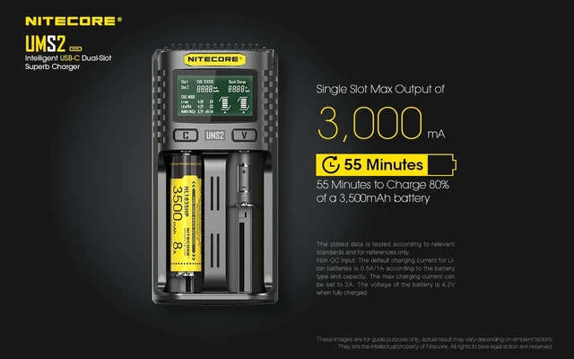 Alt view image 3 of 7 - UMS2 Intelligent Dual-Slot Quick USB-C Battery Charger for Li-Ion/Ni-MH/Ni-Cd/IMR 16340 14500 18650 21700 20700 AA AAA and More Batteries, with Organizer