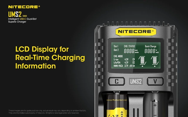 Alt view image 4 of 7 - UMS2 Intelligent Dual-Slot Quick USB-C Battery Charger for Li-Ion/Ni-MH/Ni-Cd/IMR 16340 14500 18650 21700 20700 AA AAA and More Batteries, with Organizer