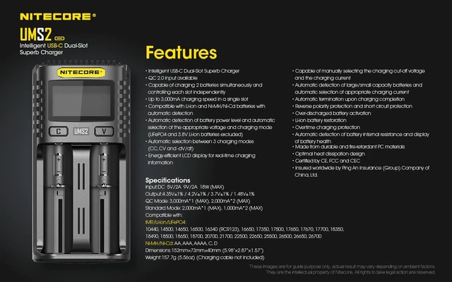 Alt view image 6 of 7 - UMS2 Intelligent Dual-Slot Quick USB-C Battery Charger for Li-Ion/Ni-MH/Ni-Cd/IMR 16340 14500 18650 21700 20700 AA AAA and More Batteries, with Organizer
